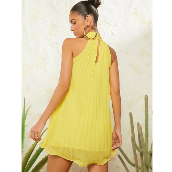 Pleated Yellow Mini Dress Tie Neck Short A-Line Flared - Picture 6 of 17